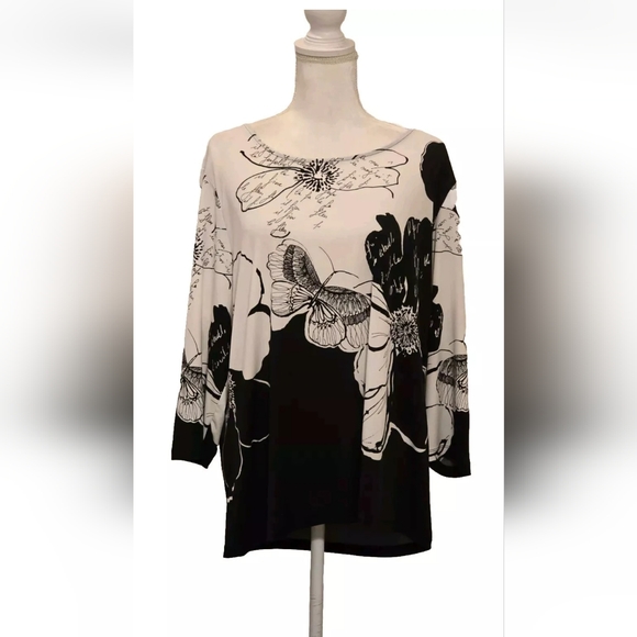 Chico's Knit Kit White Black Butterfly Floral Long Sleeve Top Sz 3 or L Gothic - Picture 3 of 14